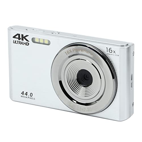 4K Digital Camera, 44MP Video Camera, 16X Digital Zoom Camera with 2.8in Screen, Built in Fill Light Stabilization Compact Portable Camera for Children Beginners (Silver)