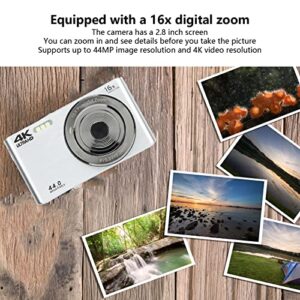 4K Digital Camera, 44MP Video Camera, 16X Digital Zoom Camera with 2.8in Screen, Built in Fill Light Stabilization Compact Portable Camera for Children Beginners (Silver)