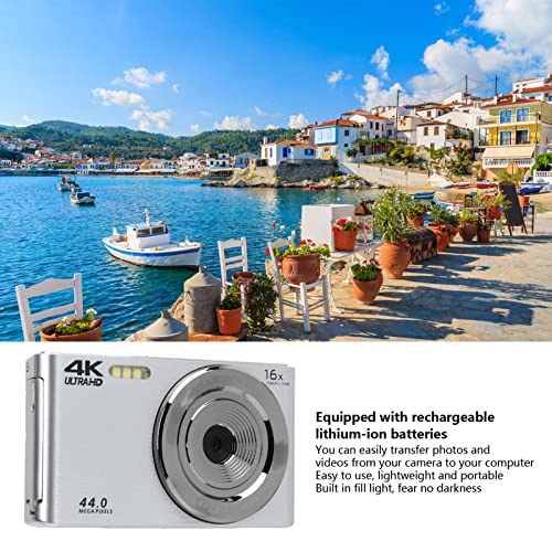 4K Digital Camera, 44MP Video Camera, 16X Digital Zoom Camera with 2.8in Screen, Built in Fill Light Stabilization Compact Portable Camera for Children Beginners (Silver)