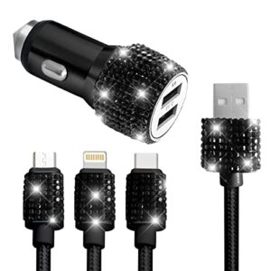 bling dual usb car charger with 3-in-1 multi fast charging cable, dual port charger adapter with type c micro usb cord for iphone, android, rhinestones car interior accessories for women(black)