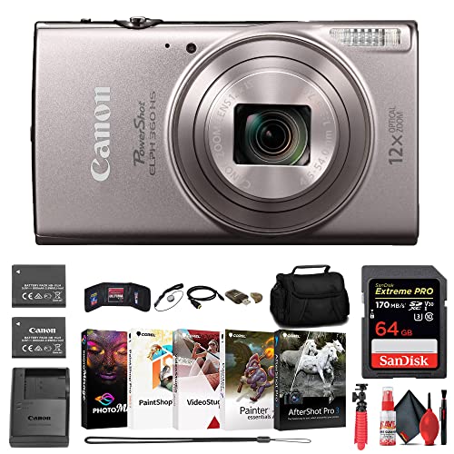 Canon Power-Shot ELPH 360 HS Digital Camera (Silver) (1078C001) + 64GB Memory Card + NB11L Battery + Case + Charger + Card Reader + Corel Photo Software + Flex Tripod + More (14 Items) (Renewed)