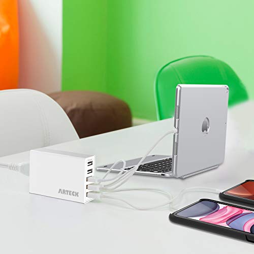 Arteck 40W 5-Port 8A High Speed Multiple USB Charger with Smart Technology for iPhone 14, 14 Pro, 14 Pro Max, iPhone 13, iPhone 12, iPhone 11, iPhone Mini, iPad, Samsung and Other Smartphone, Tablet