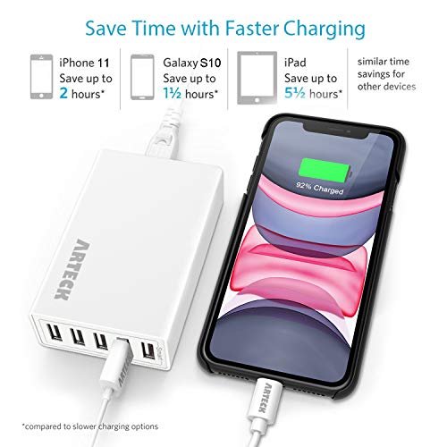 Arteck 40W 5-Port 8A High Speed Multiple USB Charger with Smart Technology for iPhone 14, 14 Pro, 14 Pro Max, iPhone 13, iPhone 12, iPhone 11, iPhone Mini, iPad, Samsung and Other Smartphone, Tablet