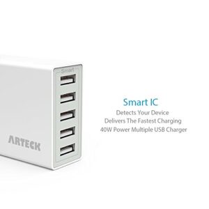Arteck 40W 5-Port 8A High Speed Multiple USB Charger with Smart Technology for iPhone 14, 14 Pro, 14 Pro Max, iPhone 13, iPhone 12, iPhone 11, iPhone Mini, iPad, Samsung and Other Smartphone, Tablet