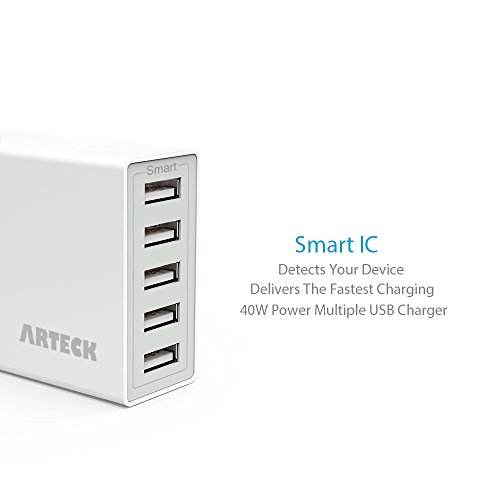 Arteck 40W 5-Port 8A High Speed Multiple USB Charger with Smart Technology for iPhone 14, 14 Pro, 14 Pro Max, iPhone 13, iPhone 12, iPhone 11, iPhone Mini, iPad, Samsung and Other Smartphone, Tablet