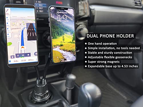 TIVORAZ Dual Phone Holder for Car Cup Holder – Double Car Phone Mount, Car Cup Holder Phone Mount, Expandable Base Phone Holder Car Cup Holder – Compatible with iPhone, Samsung, GPS (Magnetic Holders)