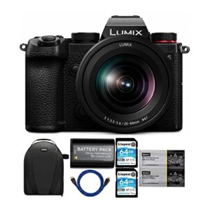panasonic lumix s5 4k mirrorless full-frame l-mount camera with lumix s 20-60mm f/3.5-5.6 lens, sling camera bag, lithium-ion battery pack, 64gb sd cards, cleaning wipes and cable bundle (7 items)
