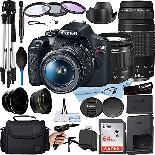 Canon EOS Rebel T7 DSLR Camera 24.1MP with EF-S 18-55mm + EF 75-300mm Lens + A-Cell Accessory Bundle Includes: Telephoto + Wide Angle Lenses + SanDisk 64GB Memory Card + Much More (Renewed)