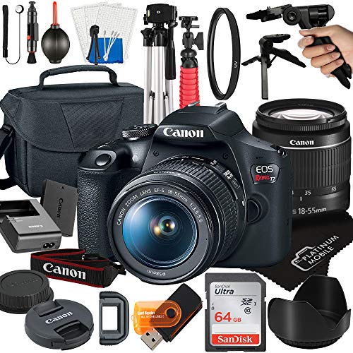 Canon EOS Rebel T7 DSLR Camera with 18-55mm Zoom Lens + Platinum Mobile Accessory Bundle Package Includes: SanDisk 64GB Card, Tripod, Case, Pistol Grip and More (21pc Bundle)