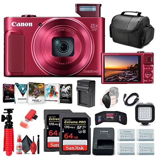 Canon PowerShot SX620 HS Digital Camera (Red) (1073C001), 2 x 64GB Card, 3 x NB13L Battery, Corel Photo Software, Charger, Card Reader, LED Light, Soft Bag + More (Renewed)