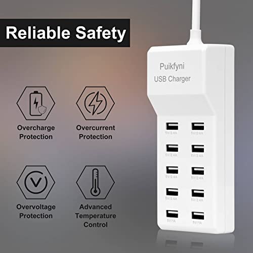 10-Port USB Charger [UL Certified] Family-Sized Desktop USB Rapid Charger，Smart USB Charger for Multiple Devices Smart Phone Tablet Laptop Computer