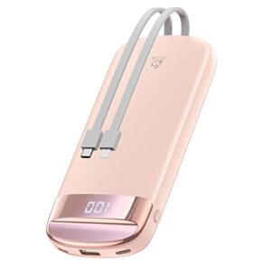 portable charger with built in cables, 10000mah usb c iphone power bank, type c backup external battery pack with 3 outputs led display compatible with iphone, galaxy, android cellphones (pink)