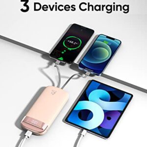 Portable Charger with Built in Cables, 10000mAh USB C iPhone Power Bank, Type C Backup External Battery Pack with 3 Outputs LED Display Compatible with iPhone, Galaxy, Android CellPhones (Pink)