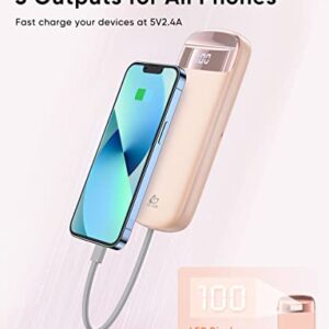 Portable Charger with Built in Cables, 10000mAh USB C iPhone Power Bank, Type C Backup External Battery Pack with 3 Outputs LED Display Compatible with iPhone, Galaxy, Android CellPhones (Pink)