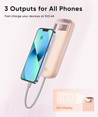 Portable Charger with Built in Cables, 10000mAh USB C iPhone Power Bank, Type C Backup External Battery Pack with 3 Outputs LED Display Compatible with iPhone, Galaxy, Android CellPhones (Pink)