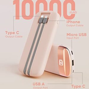 Portable Charger with Built in Cables, 10000mAh USB C iPhone Power Bank, Type C Backup External Battery Pack with 3 Outputs LED Display Compatible with iPhone, Galaxy, Android CellPhones (Pink)