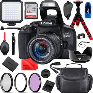 canon eos 850d (rebel t8i) dslr camera with 18-55mm f/3.5-5.6 zoom lens bundle + accessories (led video light kit, 32gb high speed memory card, uv cpl fld filter, spider tripod, gadget bag and more)