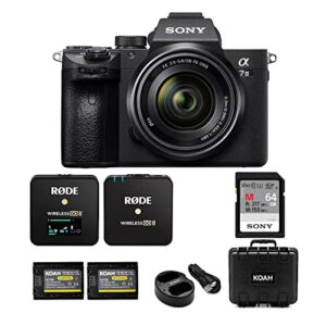 sony alpha a7 iii full frame mirrorless camera with 28-70mm lens with single set microphone system, memory card, rechargeable 2000mah battery (2-pack) and dual charger, and hard case (5 items)