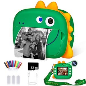 wq kids camera instant print, 1080p dinosaur digital print camera for kids with dual lens,selfie video camera with phone connected,zero ink instant print camera ideal gift for boys girls 3-12