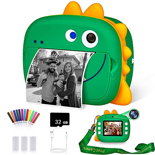 WQ Kids Camera Instant Print, 1080P Dinosaur Digital Print Camera for Kids with Dual Lens,Selfie Video Camera with Phone Connected,Zero Ink Instant Print Camera Ideal Gift for Boys Girls 3-12