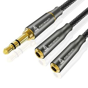 arcismati headphone splitter, 3.5mm extension cable audio stereo y splitter, trs 3.5mm male to 2 ports 3.5mm female, nylon braided, 3 pole