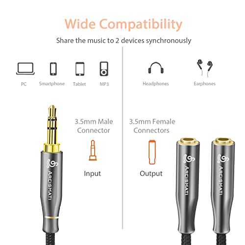 Arcismati Headphone Splitter, 3.5mm Extension Cable Audio Stereo Y Splitter, TRS 3.5mm Male to 2 Ports 3.5mm Female, Nylon Braided, 3 Pole