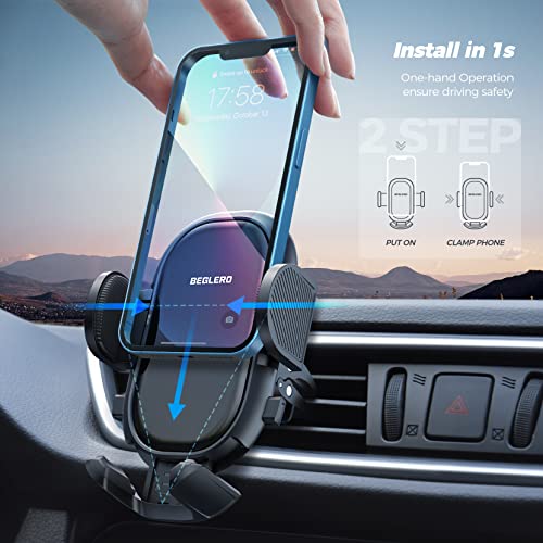 Beglerooo Car Phone Holder Mount, Air Vent Phone Mount for Car with Stable Clip, Pull-Down Support Feet Compatible with All iPhone and Other Cell Phone, Black