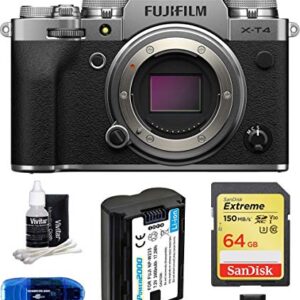 Fujifilm X-T4 Mirrorless Digital Camera Body (Silver) Bundle, Includes: SanDisk 64GB Extreme SDXC Memory Card, Spare Battery + More (6 Items)