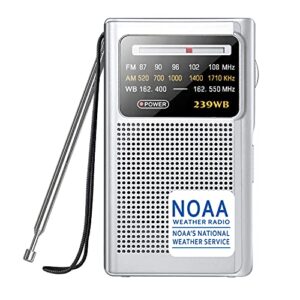 greadio noaa weather radio, am/fm battery operated transistor portable radio with best reception,stereo earphone jack,powered by 2 aa battery for emergency,hurricane,running, walking,home (silver)