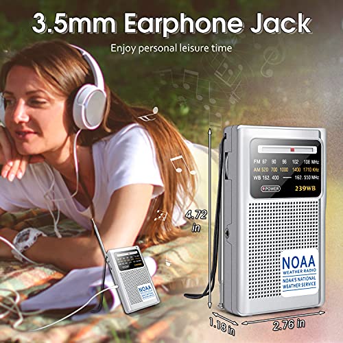 Greadio NOAA Weather Radio, AM/FM Battery Operated Transistor Portable Radio with Best Reception,Stereo Earphone Jack,Powered by 2 AA Battery for Emergency,Hurricane,Running, Walking,Home (Silver)