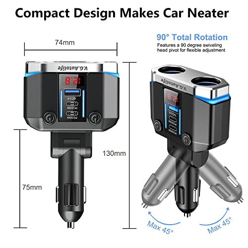 Car Cigarette Lighter Adapter, USB C 30W PD Fast Charger & Type-C PD 20W Car Cigarette Charger, QC3.0 for 12V/24V Vehicles, Separate Switch LED Voltmeter Replaceable 15A Fuse for GPS/Dash Cam/Phone.…