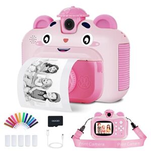 instant print digital kids camera,selfie 1080p video camera for kid with 180° rotating len,32gb tf card,print paper,color pens set,rechargeable toy camera for 3-12 years old girls boys birthday (pink)