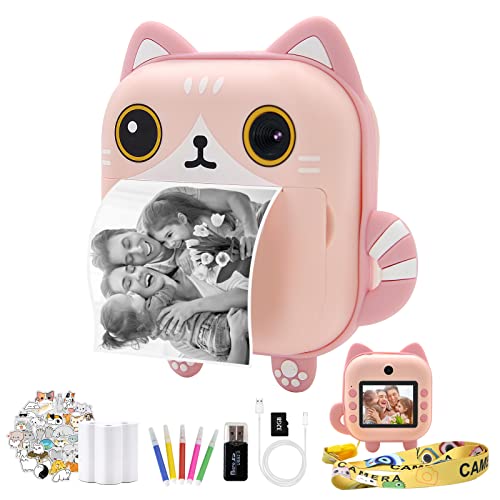 Instant Print Camera for Kids,Zero Ink Kids Camera with Print Paper,Selfie Video Digital Camera with HD 1080P 2.4 Inch IPS Screen,3-14 Years Old Children Toy Learning Camera for Birthday,Chistmas-Pink