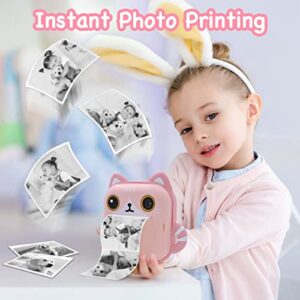 Instant Print Camera for Kids,Zero Ink Kids Camera with Print Paper,Selfie Video Digital Camera with HD 1080P 2.4 Inch IPS Screen,3-14 Years Old Children Toy Learning Camera for Birthday,Chistmas-Pink