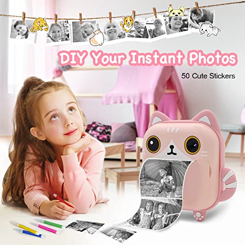 Instant Print Camera for Kids,Zero Ink Kids Camera with Print Paper,Selfie Video Digital Camera with HD 1080P 2.4 Inch IPS Screen,3-14 Years Old Children Toy Learning Camera for Birthday,Chistmas-Pink