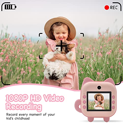 Instant Print Camera for Kids,Zero Ink Kids Camera with Print Paper,Selfie Video Digital Camera with HD 1080P 2.4 Inch IPS Screen,3-14 Years Old Children Toy Learning Camera for Birthday,Chistmas-Pink