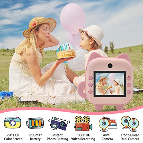 Instant Print Camera for Kids,Zero Ink Kids Camera with Print Paper,Selfie Video Digital Camera with HD 1080P 2.4 Inch IPS Screen,3-14 Years Old Children Toy Learning Camera for Birthday,Chistmas-Pink