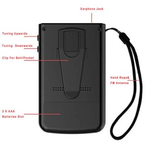 Portable Radio Emergency AM FM Radio Compact Portable Pocket Auto Search Battery Back Clip Player Outdoor (Black)