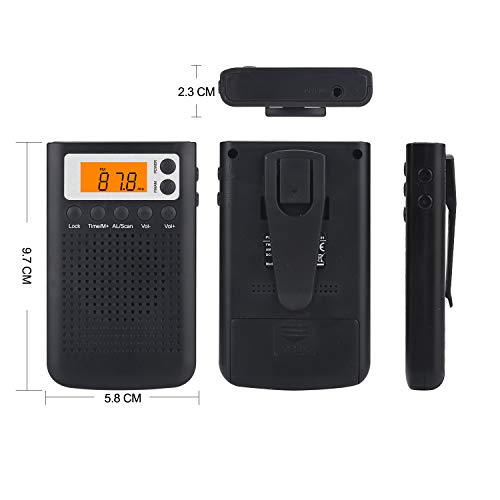 Portable Radio Emergency AM FM Radio Compact Portable Pocket Auto Search Battery Back Clip Player Outdoor (Black)