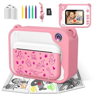 ushining instant print camera for kids, 12mp digital camera for kids aged 3-12 ink free printing 1080p video camera for kids with 32gb sd card,color pens,print papers (pink)