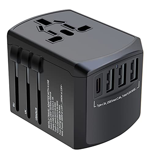 Travel Adapter, Universal Plug Adapter for Worldwide Travel, 3.0A USB Type-C International Power Adapter, Plug Converter with 4.5A Smart Power, All in One AC Wall Charger for USA EU UK AUS Asia