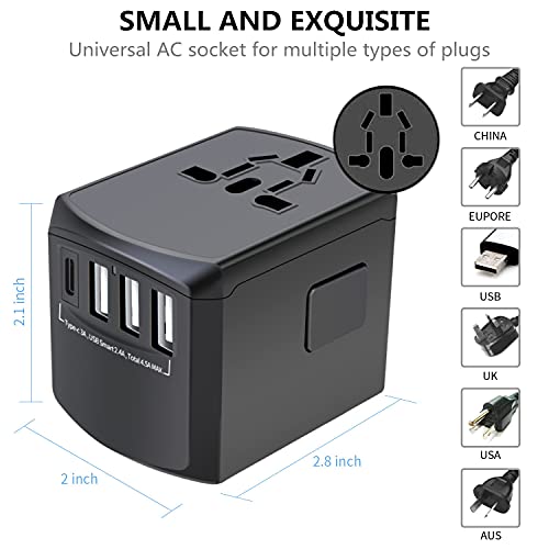 Travel Adapter, Universal Plug Adapter for Worldwide Travel, 3.0A USB Type-C International Power Adapter, Plug Converter with 4.5A Smart Power, All in One AC Wall Charger for USA EU UK AUS Asia