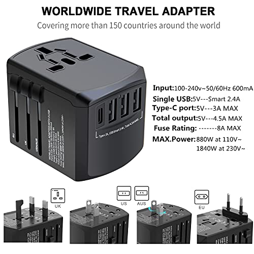 Travel Adapter, Universal Plug Adapter for Worldwide Travel, 3.0A USB Type-C International Power Adapter, Plug Converter with 4.5A Smart Power, All in One AC Wall Charger for USA EU UK AUS Asia