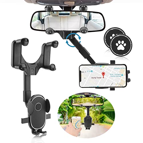 Multifunctional Rearview Mirror Phone Holder with 2PCS Bling Car Cup Coaster, Universal 360 Degree Retractable and Rotatable Rear View Mirror Phone Mount for All Phones (Common)