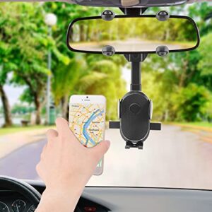 Multifunctional Rearview Mirror Phone Holder with 2PCS Bling Car Cup Coaster, Universal 360 Degree Retractable and Rotatable Rear View Mirror Phone Mount for All Phones (Common)