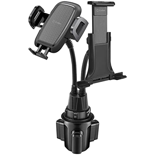 Phone Holder Mount for Car Cup Holder Slot – Flexible Gooseneck Mount with Dual Cradle Phone Holder and Tablet Holder - Hands Free Universal Fit All Black Color Adjustable Stand - Two Cradles