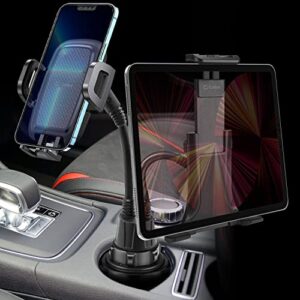 Phone Holder Mount for Car Cup Holder Slot – Flexible Gooseneck Mount with Dual Cradle Phone Holder and Tablet Holder - Hands Free Universal Fit All Black Color Adjustable Stand - Two Cradles