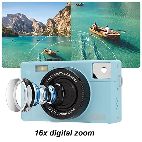 Kids Digital Camera, 16X Zoom Camera 1080P Fhd Vlogging Camera Micro Single Camera Portable Mirrorless Camera Digital Zoom 24Mp with 3In Lcd Display Monitor, Kids Gift for Travel Photography(blue)