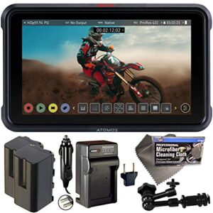 Atomos Ninja V 5" Touchscreen Recording Monitor 10bit HDR with 2X NP-F750 Batteries, Charger, 7" Magic Arm + Cleaning Cloth Bundle