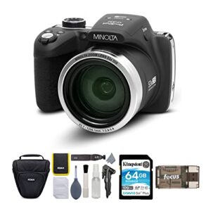 minolta mn53z pro-shot 16mp full hd digital camera with 53x optical zoom (black), holster camera case, 64gb memory card and focus card reader bundle (4 items)